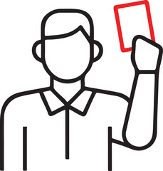 Referee showing red card black, clean vector icon, black line referee hand issuing red card, football penalty situation symbol for rule enforcement and match warnings