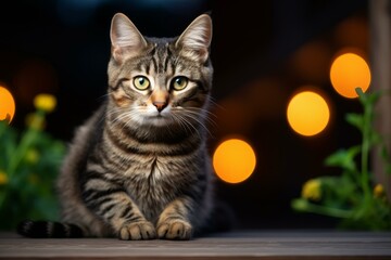 Cute tabby cat lying on a wooden surface outdoors at night, with warm bokeh lights in the background, creating a cozy and magical atmosphere