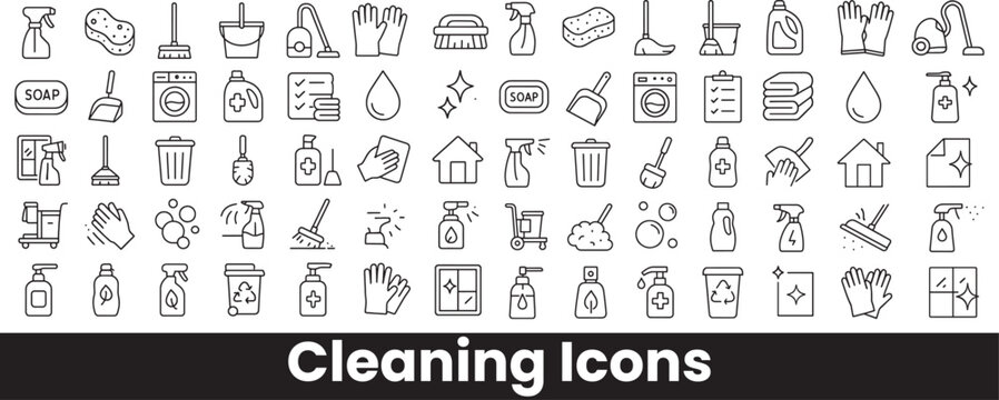 Collection of Cleaning Service, Hygiene, and Household Chore Outline Icons