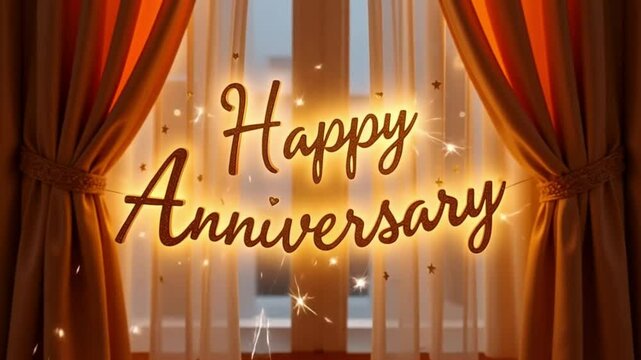 Celebrating an anniversary with golden wishes and elegant curtains for a special milestone and heartfelt celebration.