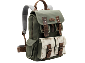  A green backpack with white accents, featuring multiple pockets and straps for carrying items like books or cameras.