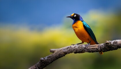 Fototapeta premium golden breasted starling perched on branch vibrant colors in nature