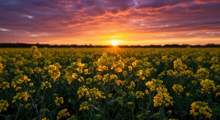 Fototapeta premium Sunset bathes a meadow of yellow flowers in golden light. Copy space