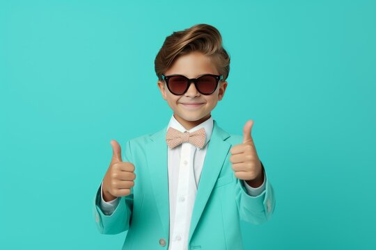 Young boy wearing sunglasses and a bow tie showing thumbs up sign, expressing positivity and approval on turquoise background