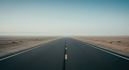 Fototapeta premium Endless desert road disappearing into a misty, distant horizon beneath a wide, open sky. Copy space