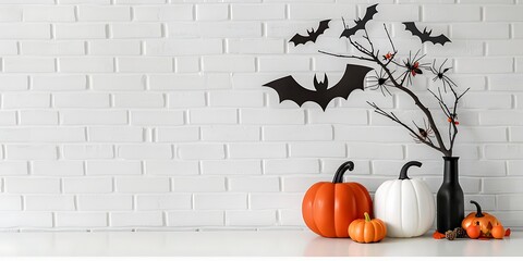 Minimalist Halloween scene with black bats, spiders, pumpkins, and a tree branch arrangement on a clean white backdrop