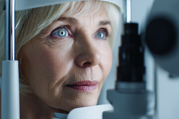 Woman undergoes eye exam with modern machine. Concept: healthcare, vision. Use: marketing, editorial.