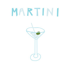 Hand drawn martini cocktail illustration created in Adobe Illustrator. Elegant vector artwork featuring a classic martini glass with olive garnish. Perfect for bar menus, cocktail party invitations, r