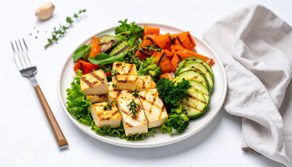Grilled tofu with fresh lettuce, broccoli, grilled zucchini, and roasted carrots on white plate, healthy clean eating meal