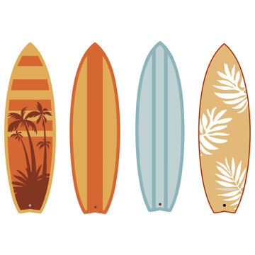 Set of cartoon surfboard vector illustration. Surfing icons on white background