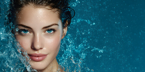 A woman with stunning blue eyes is partly submerged in water, showcasing her beauty against a vibrant backdrop