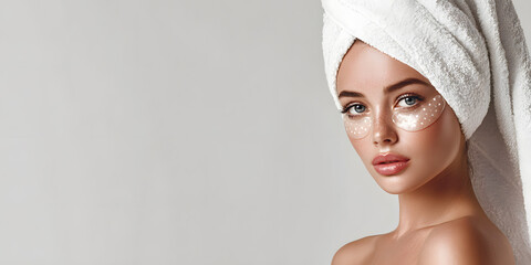 A woman applies skincare patches while wrapped in a towel, embracing a moment of relaxation at home