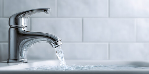 Water streams from a sleek faucet into a clean sink, showcasing the reflective chrome and bright atmosphere