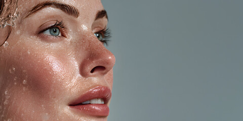 A woman enjoys a beauty treatment, her skin glistening with water droplets while she gazes thoughtfully at the camera