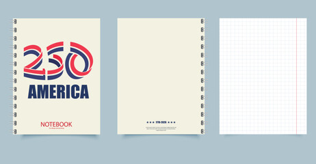 Patriotic America Notebook Design for 250th Anniversary 2026. Includes front and back cover and grid paper layout.