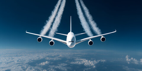 Airplane soars above clouds, creating distinct contrails while traveling through a bright blue sky on a clear day