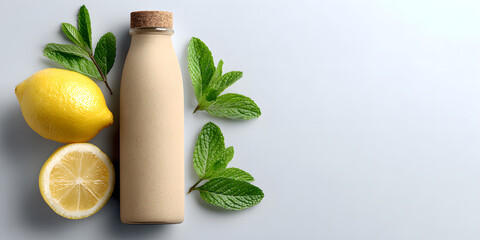 A refreshing smoothie in a bottle with mint and lemon halves, ideal for a healthy snack