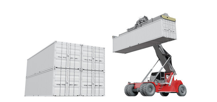Red reach stacker hoists and stacks a 40-foot container among other cargo containers. Isolated on transparent background. 3D illustration.