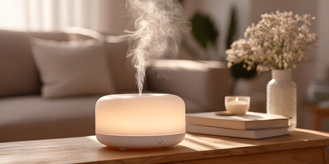 Cozy living room with an aromatherapy diffuser releasing steam on a wooden table, creating a relaxing atmosphere