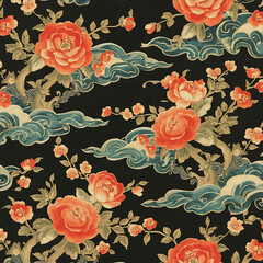 The text describes a traditional Japanese floral pattern with vibrant colors, flowing clouds, cherry blossoms, and intricate detailing, reminiscent of kimono textiles or classical Japanese art design.