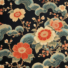 The text describes a traditional Japanese floral pattern with vibrant colors, flowing clouds, cherry blossoms, and intricate detailing, reminiscent of kimono textiles or classical Japanese art design.