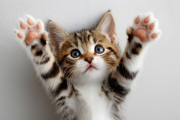 Small striped kitten raises its front paws with curiosity, its big eyes shining in a softly lit indoor setting