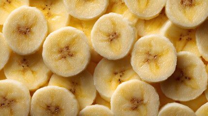 Numerous fresh banana slices are meticulously arranged to create a visually pleasing display highlighting their texture