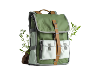  A green backpack with white accents, featuring multiple pockets and straps for carrying items like books or cameras.