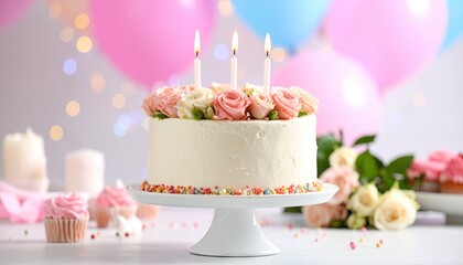 Birthday cake with flowers and candles