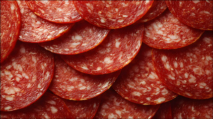 Thin slices of savory cured sausage overlap, showcasing rich colors and textures, appealing to culinary lovers
