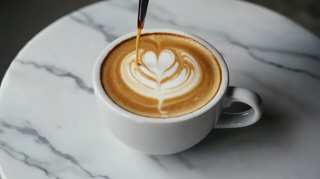 A cup of coffee with beautiful latte art on a marble cafe table