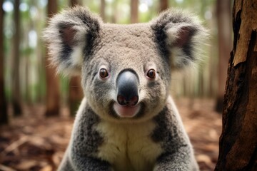 Fototapeta premium Koala sitting in eucalyptus forest looking forward