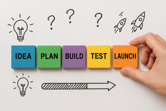 A creative process unfolds as strategic planning development and evaluation lead to launching innovative solutions in business