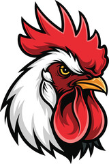 A colorful illustration of a rooster's head, featuring bold red and white feathers and a striking expression. This design is ideal for farm-themed projects, restaurant branding.
