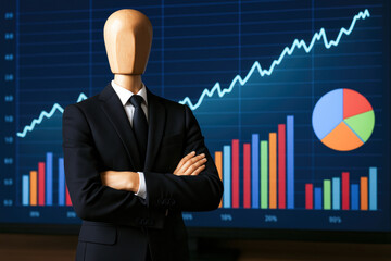 Confidence and strategy drive growth as a business figure stands firmly before dynamic charts showing upward progress