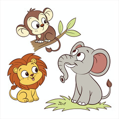 Obraz premium Cute cartoon baby lion elephant and monkey friends in the jungle