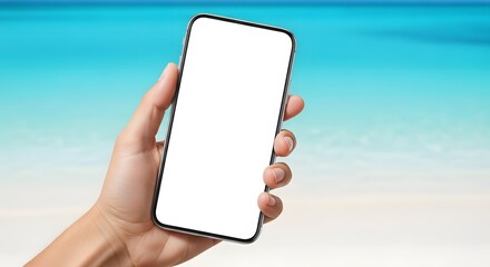 A hand holds a generic mobile phone with a blank white screen on a beach day.