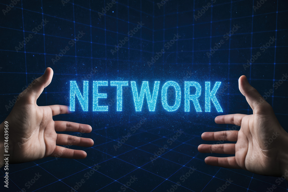 Poster extending hands frame a glowing digital network concept symbolizing connection communication and dat