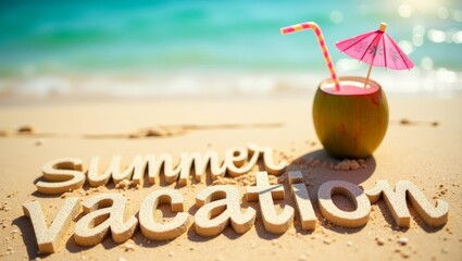 Tropical Coconut Cocktail with Umbrella on the beach with summer lettering background