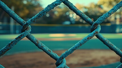 Rusty chain-link fence, baseball diamond