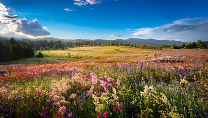 Fototapeta premium untamed expanse of natural field bursts with an explosion of vibrant plant life each species adding its own unique touch to these sprawling open spaces