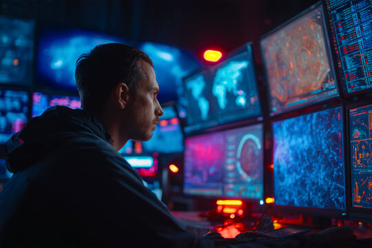 Hacker monitors multiple screens in dark room. Cybersecurity expert analyzes data. Great for tech marketing, web design, editorial.