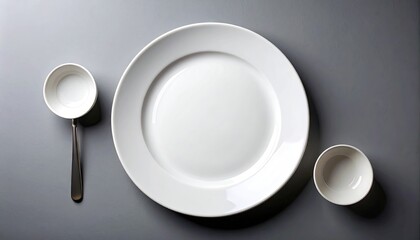 Empty white plate and bowls on gray surface