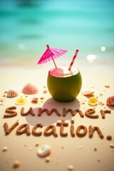 summer background with written text on sand and sunny beach vibe with Fresh coconut drink with colorful umbrella and straw 
