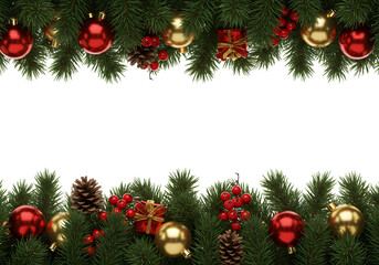 Elegant Christmas Border: Red and Gold Ornaments, Pine Branches, Berries, and Gifts on Black Background.