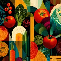 Modern vibrant cookbook cover, bold geometric design with colorful vegetables arranged in an artistic pattern.