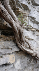 Ancient tree with twisted roots clinging to rocky cliff