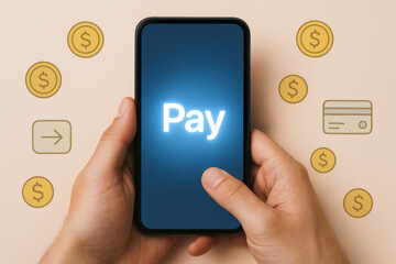 A smartphone screen illuminated with a payment prompt highlights digital transaction processes amidst symbolic currency icons representing the convenience and innovation mobile financial services