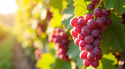 Fototapeta premium Close-up of ripe red grapes on vine in sunlit vineyard during harvest season, organic farming, healthy food, and winemaking