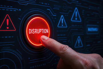 A activates a digital alert on a high-tech dashboard symbolizing disruption and urgent business response in a fast-evolving environment
